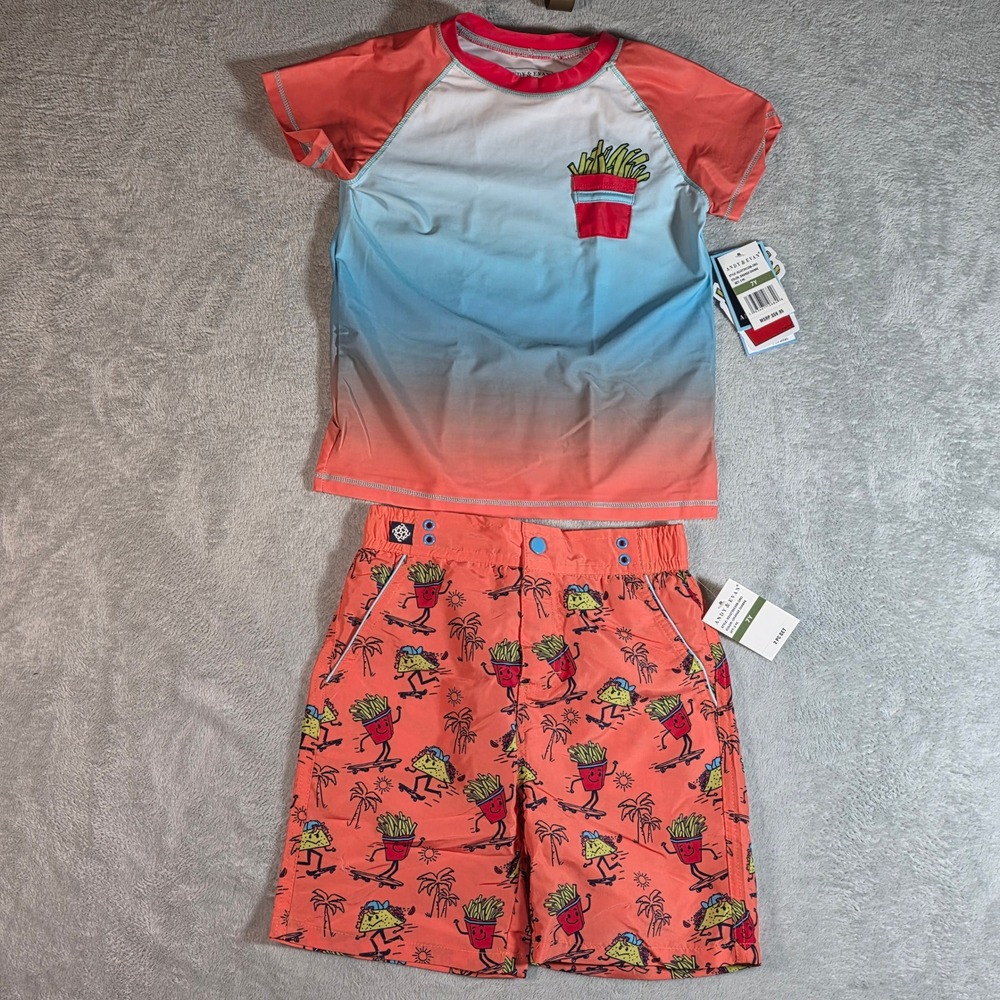 Andy & Evan Boys Orange Ombre Taco French Fries Swim Rash Guard Set 7Y
